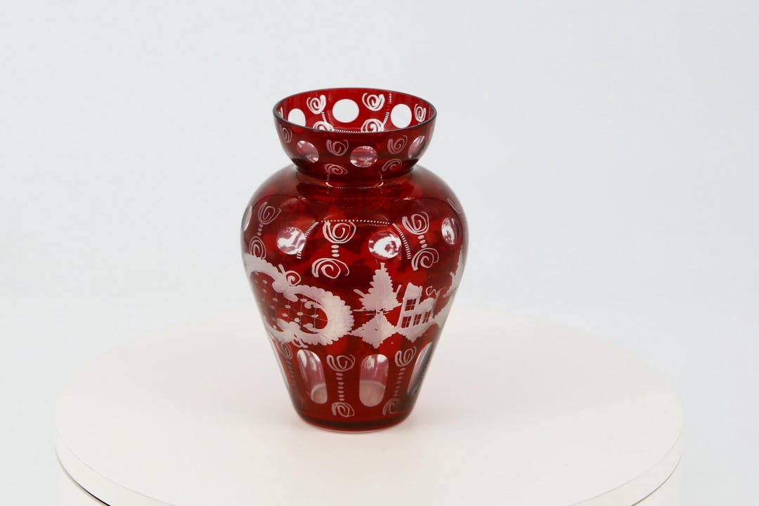 Bohemian Ruby Red Glass Vase Egermann Style Hand Engraved Deer 6