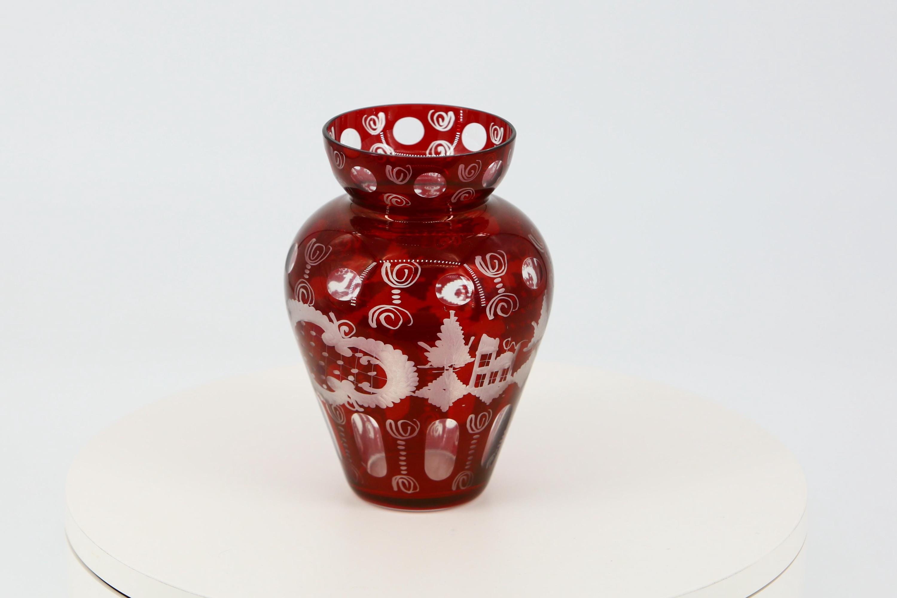 Bohemian Ruby Red Glass Vase Egermann Style Hand Engraved Deer 6