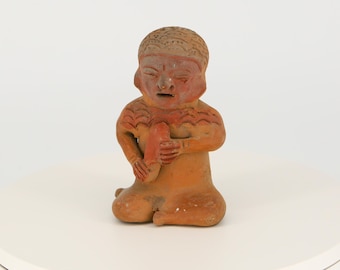 Precolombian Ecuador Ceramic Figure Replica, Hand Modeled Terracotta Seated Musician Flute, Vintage 1960s Cabinet Library Art Decor