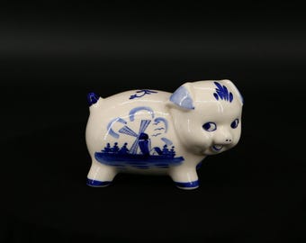 ヴィンテージハンドペイント デルフトブルー 豚貯金箱　ブルーホワイト　風車 花柄 ヴィンテージ ハンドペイント デルフトブルー 豚 貯金箱 ブルー
