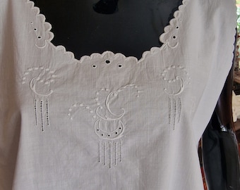 Antique 1910 Edwardian Cotton Nightgown, Vintage Hand Embroidered Chemise Monogram JS, White Lace Nightdress, Plus Size XL, Mint