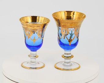 Pair of Cobalt Blue and 24K Gold Venetian Style Wine Glasses