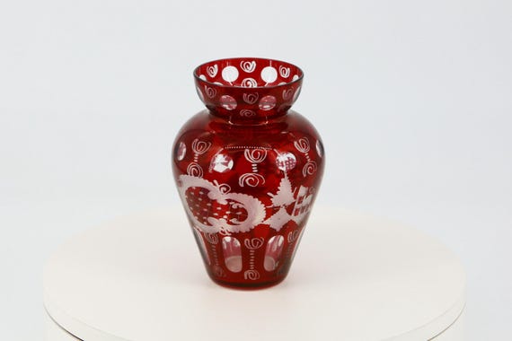 Bohemian Ruby Red Glass Vase Egermann Style Hand Engraved Deer 6