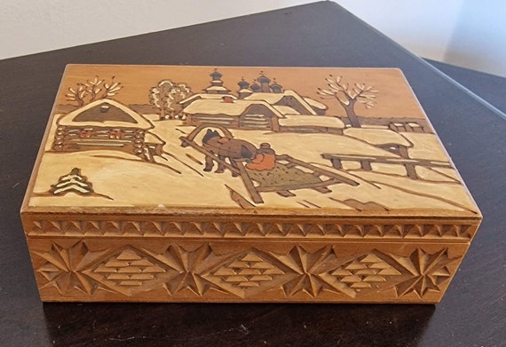 Vintage Russian Wood Box - Hand-painted Winter Scene - USSR 1960s