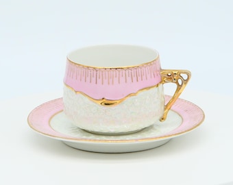 Antique Porcelain Tea Cup and Saucer Set, Pink and Gold Neo-Rococo German Bohemian Teacup, Lustre Glaze Iridescent Ceramic, c. 1900