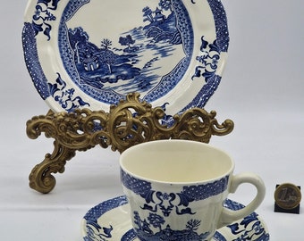 Blue and White Tea Trio - Royal Tudor Grindley of Stoke Mandarin - Ceramic Cup Saucer Plate Set - Vintage 1980s New Old Stock