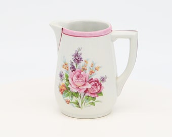 Porcelain Creamer Pitcher, Vintage Milk Jug - Limoges Vierzon France - Floral Pink Roses Design, 1980s Shabby Chic Tableware
