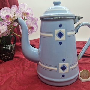 Cafetera de Ensalada Esmaltada Vintage, Jarra de Enseres Alemana, Estilo Geometrico Azul, 1 Litro, 20 cm