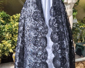 Mantille Espagnole Ancienne Dentelle Noire 220x100 cm, Voile Catholique Église, Semaine Sainte, Châle Vintage, Tradition Espagnole