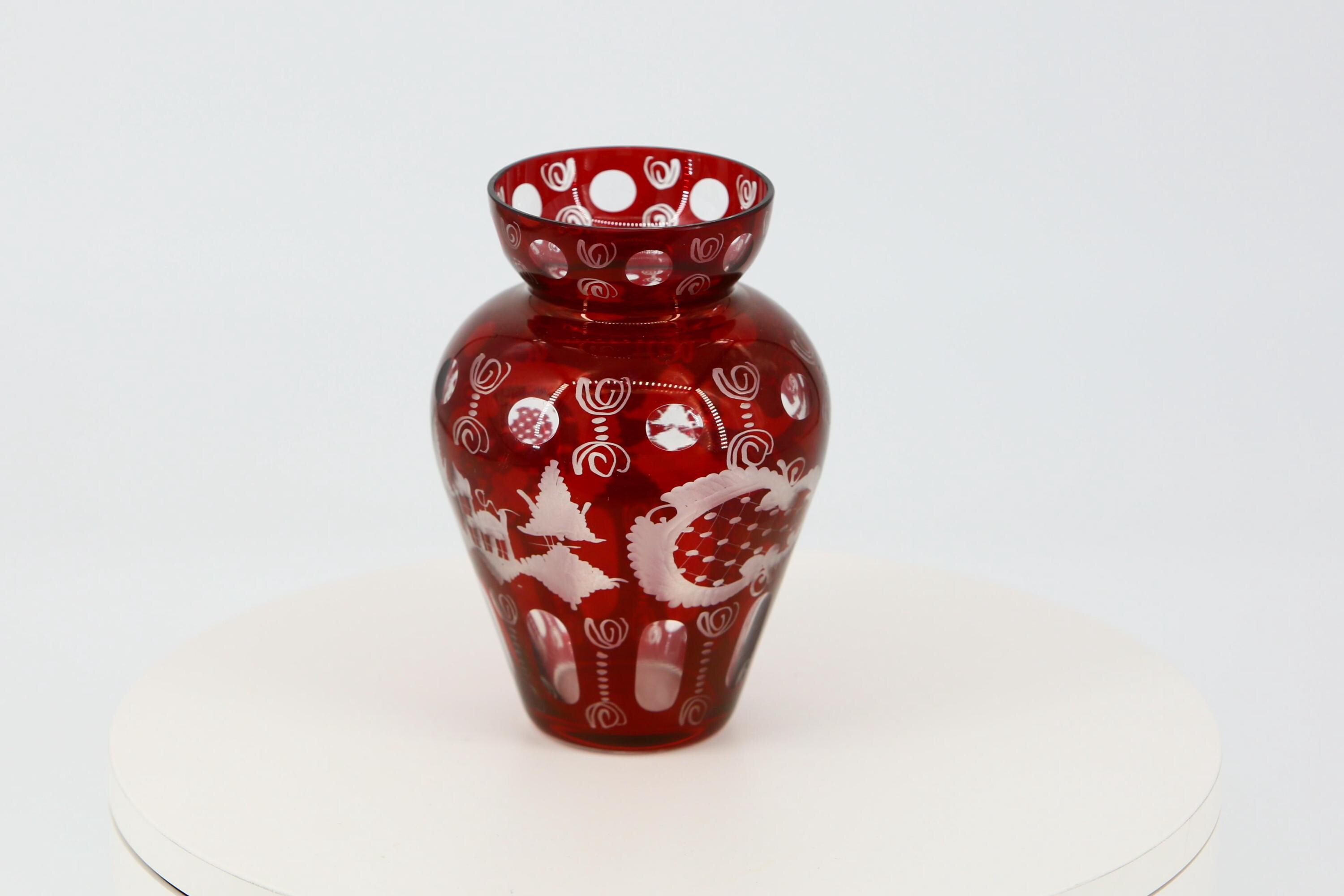 Bohemian Ruby Red Glass Vase Egermann Style Hand Engraved Deer 6