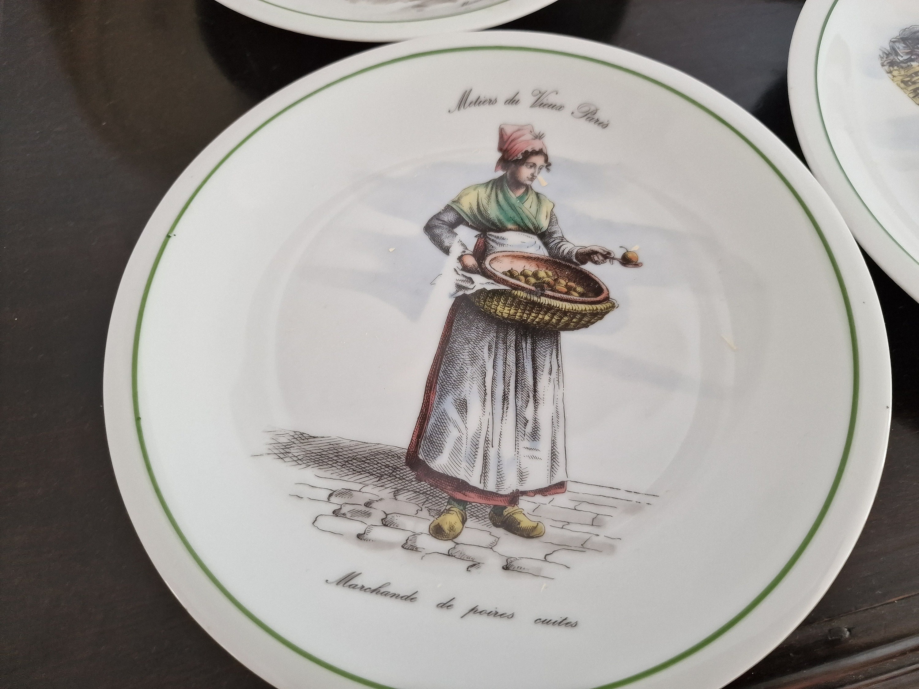 Set of 6 Vintage 'métiers Du Vieux Paris' Porcelain Plates, Berry