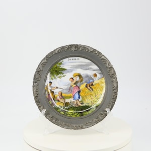 Vintage Seltmann Weiden &quot;Sommer&quot; Wall Plate, Porcelain with Pewter Rim, Bavaria W. Germany, 23cm