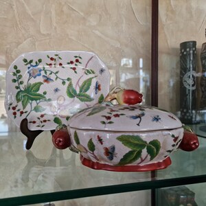 Può includere: Un piatto da portata in ceramica decorativo e un piatto rettangolare abbinato. Il piatto ha un coperchio con manici a forma di frutta rossa. Entrambi i pezzi sono decorati con motivi floreali e di insetti in verde, blu e rosso su sfondo crema.