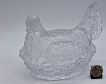 Glass Hen on Nest Dish - Vintage Pressed Glass Butter Dish 1950s