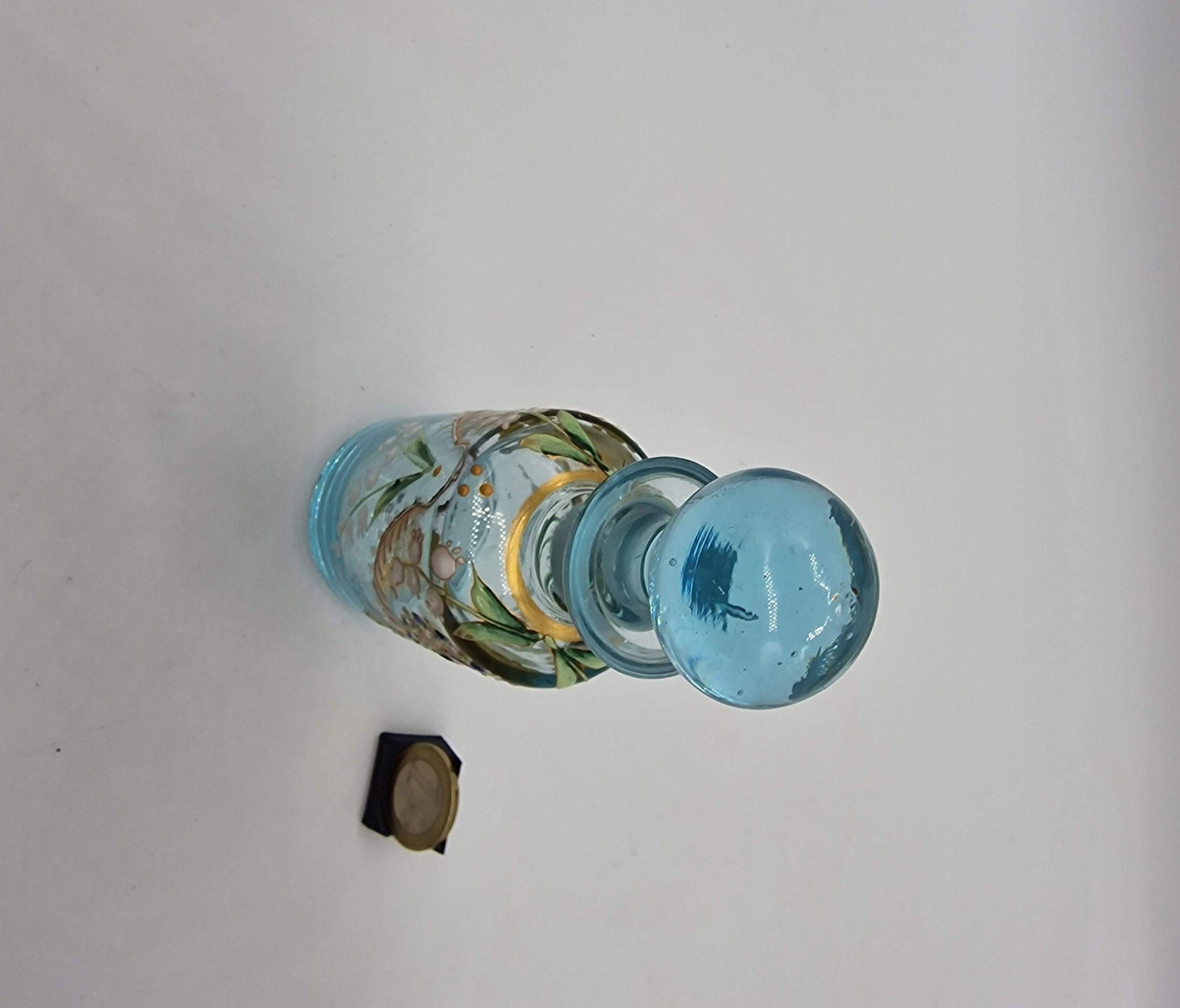 アンティーク 香水瓶 ブルーガラス エナメルと金彩 鈴蘭 1910年頃