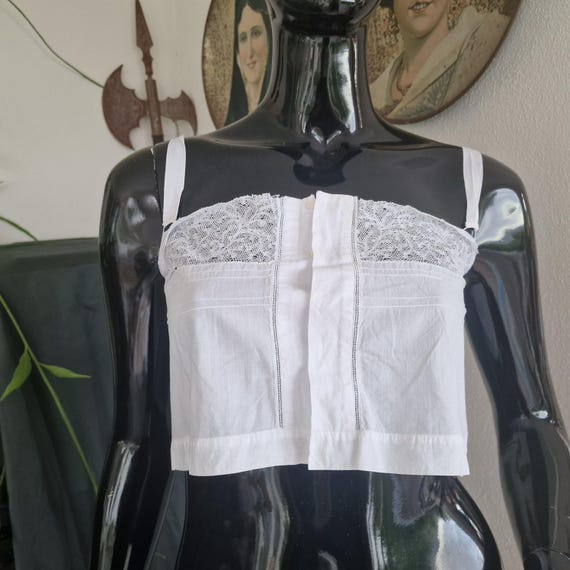 Cubre Corsé Antiguo Eduardiano 1910s, Corpiño Lencería de Algodón Batista y Encaje Artesanal, Top Vintage de Colección Talla XXS