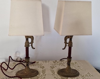 Pair of Vintage Table Lamps | Brass & Cream Fabric Shade | 1940s Style | Mid-Century Classic Lighting Spain
