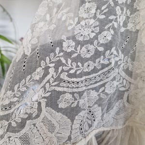 May include: Close-up of delicate, off-white lace fabric. The lace features intricate floral and leaf patterns, with a scalloped edge. The fabric is semi-transparent, allowing light to pass through, highlighting the detailed design. The overall aesthetic is vintage and romantic.