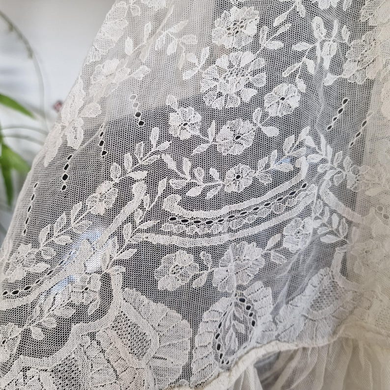 May include: Close-up of delicate, off-white lace fabric. The lace features intricate floral and leaf patterns, with a scalloped edge. The fabric is semi-transparent, allowing light to pass through, highlighting the detailed design. The overall aesthetic is vintage and romantic.