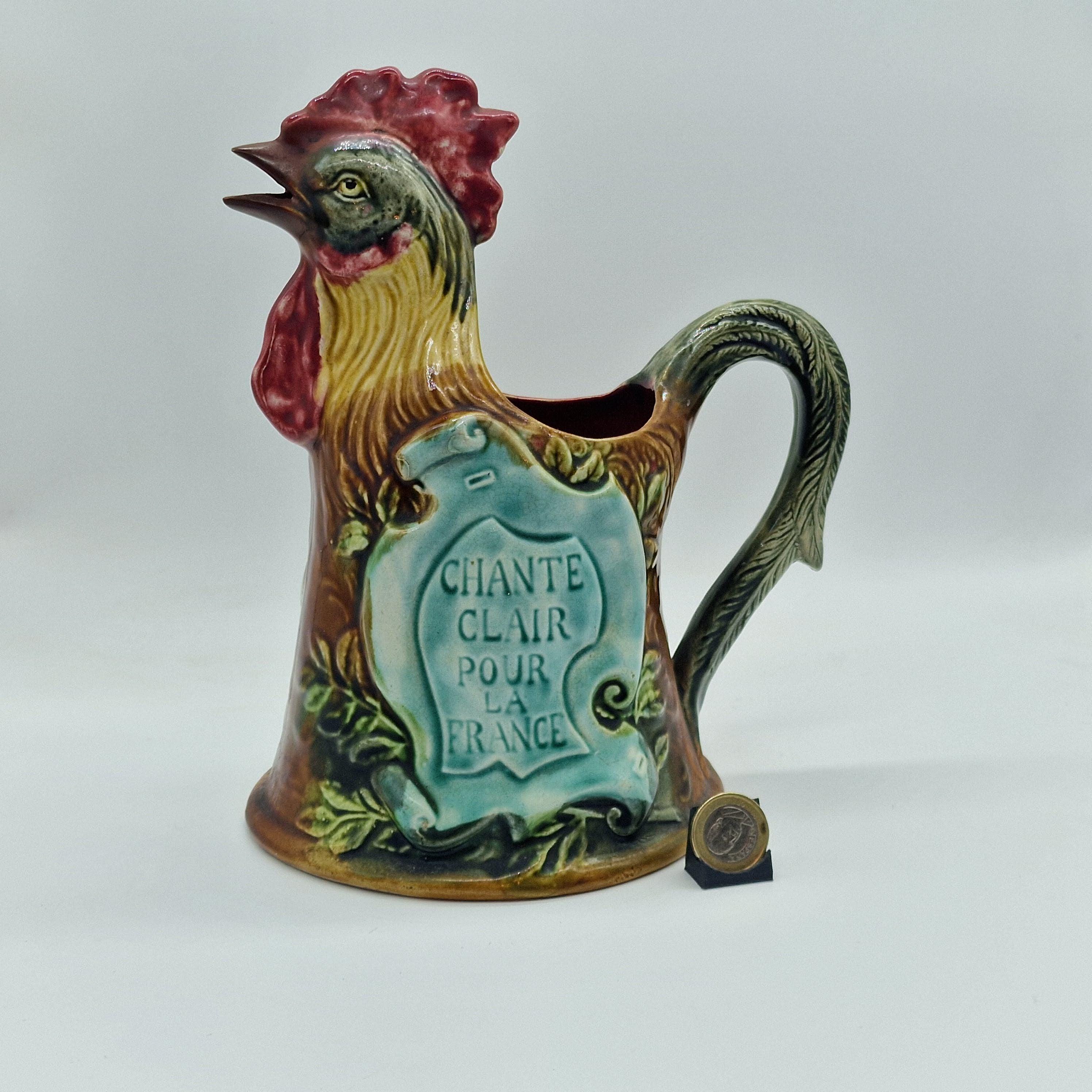 Rooster Pitcher Majolica Jug, Vintage French Barbotine Ceramic