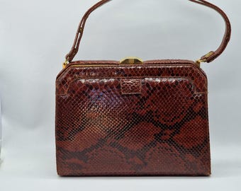 Vintage Slangenleren Handtas, Echt Slangenleder Tas, Waldes Jaren 60 Mid-Century, Roodbruin Python, Verstelbare Band, 27x24x7 cm