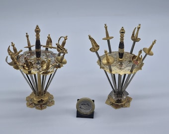 Vintage Toledo Sword Cocktail Pick Set | 1960s Enamel & Brass Tapas Skewers