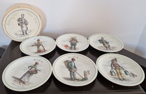 Set of 6 Vintage 'métiers Du Vieux Paris' Porcelain Plates, Berry
