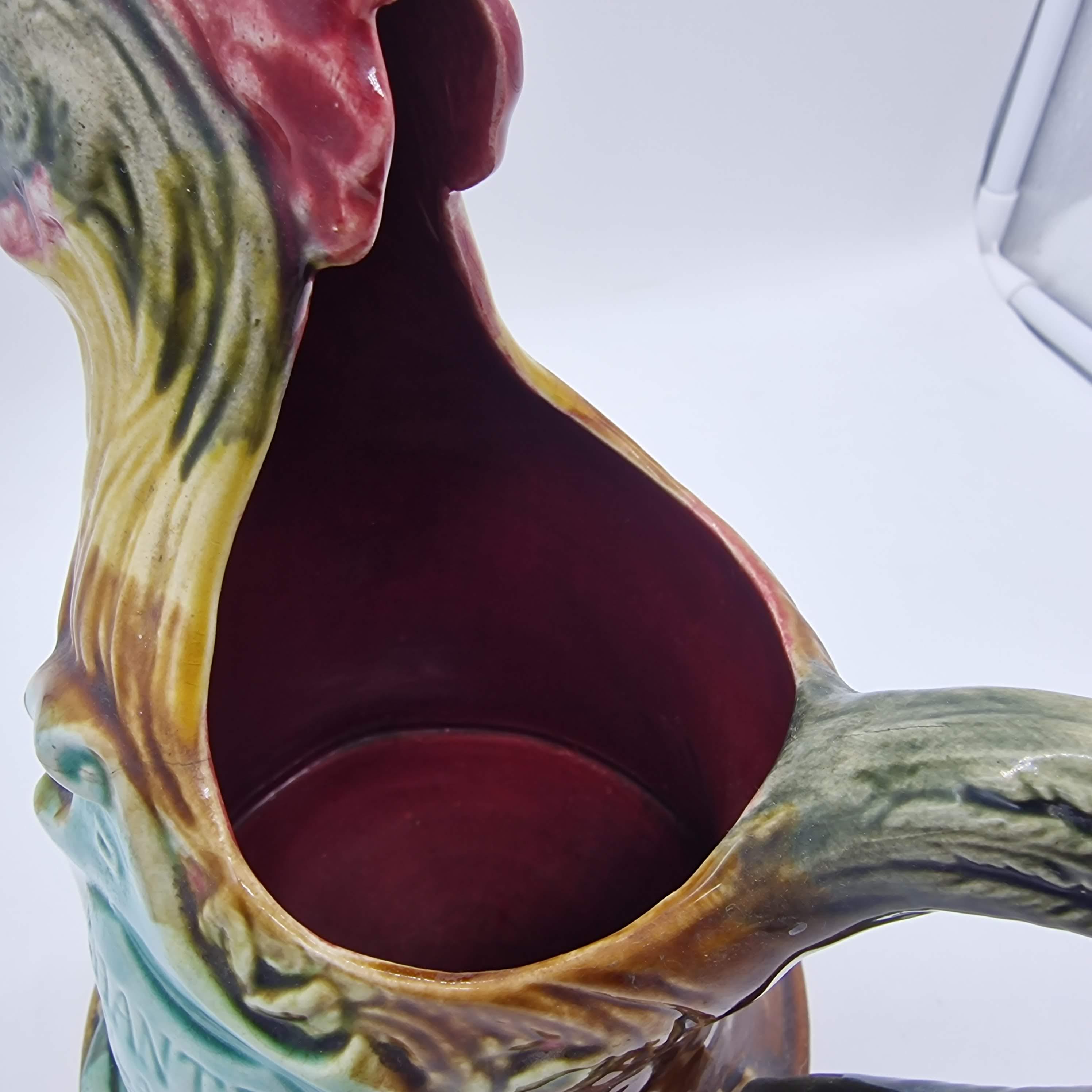Rooster Pitcher Majolica Jug, Vintage French Barbotine Ceramic