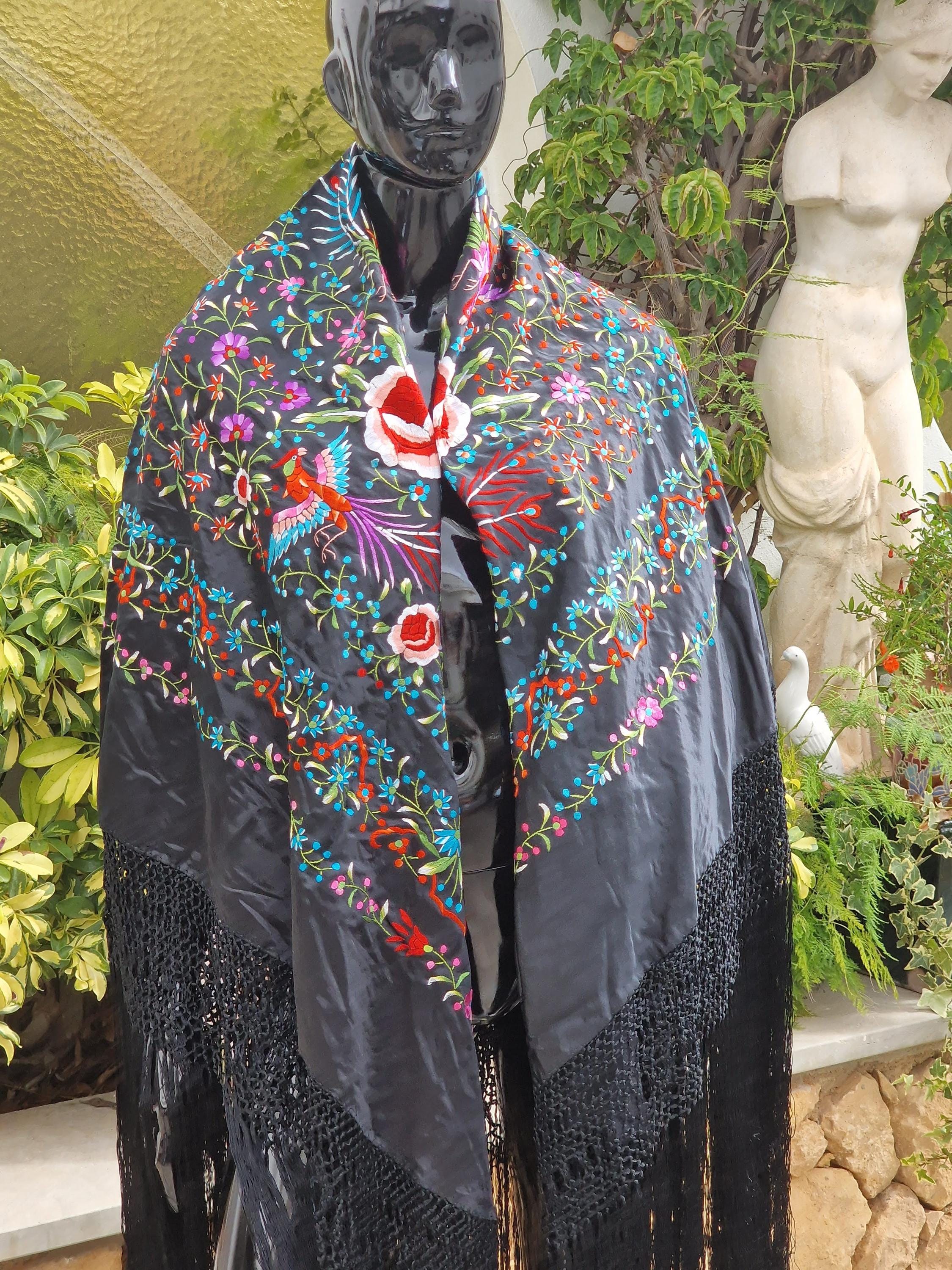 Vintage Manila Silk Flamenco Shawl. Features Double-sided Vintage Manila Silk Flamenco Shawl. Features Double-sided