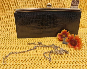 Pochette Sac de Soirée Vintage 1950, Cocodrilo Rosa Espagne, Cuir Gaufré Crocodile Noir Chaîne Dorée Sac à Main, Rétro Mid Century 26x11 cm