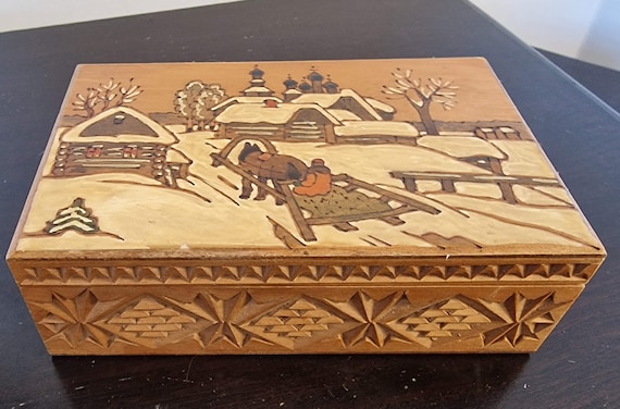 Vintage Russian Wood Box - Hand-painted Winter Scene - USSR 1960s
