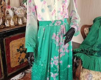 Vintage 1970s Natural Silk Maxi Dress Floral Print XS