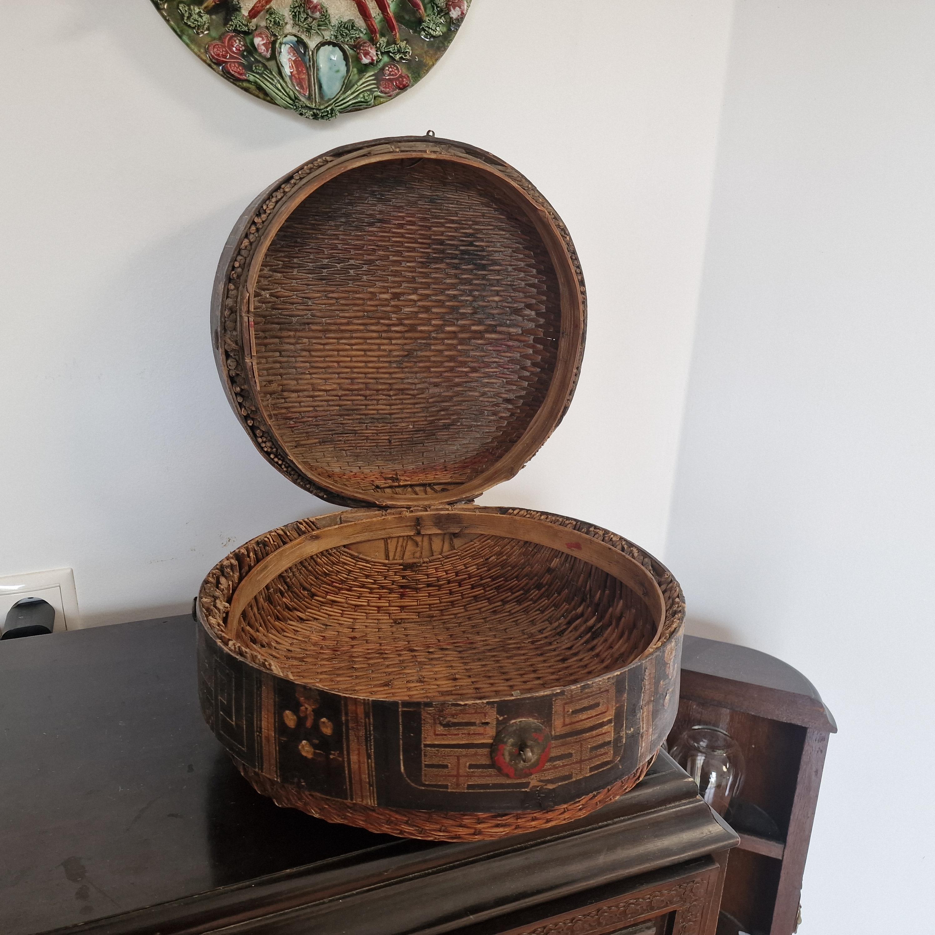 Vintage Chinese Lacquered Bamboo Basket, Antique Oriental Food Box