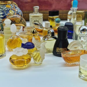 K&ouml;nnte beinhalten: Eine Sammlung von Miniatur-Parf&uuml;mflaschen in verschiedenen Formen und Gr&ouml;&szlig;en. Die Flaschen bestehen aus klarem Glas und haben dekorative Verschl&uuml;sse. Einige Flaschen haben Etiketten, und die Farben der Parfums reichen von klar bis bernsteinfarben.