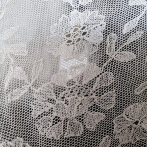 May include: Close-up of off-white lace fabric with a floral pattern. The lace features detailed flower and leaf designs, with a delicate net background. The fabric is semi-transparent, allowing a glimpse of the background.