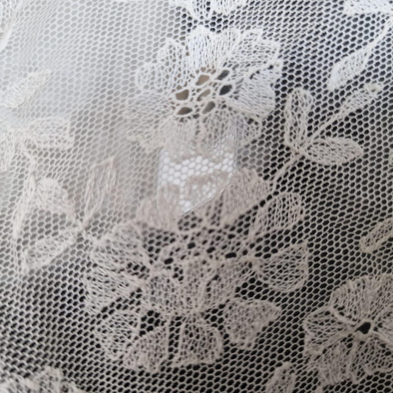 May include: Close-up of off-white lace fabric with a floral pattern. The lace features detailed flower and leaf designs, with a delicate net background. The fabric is semi-transparent, allowing a glimpse of the background.