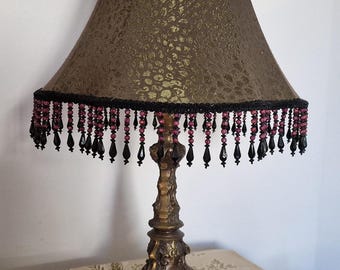 Vintage Bronze Table Lamp with Bead Fringe, Antique Victorian Lamp, Luxury Lighting for Living Room or Bedroom