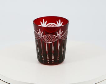 Hand Cut Red Crystal Glass Tumbler and Ruby Overlay Bohemian Style - Art Deco Decor
