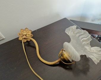 Vintage Bronze Wall Sconce with Frosted Glass Shade, 1930s Art Nouveau Wall Lamp, Antique Lighting for Hallway or Bedroom