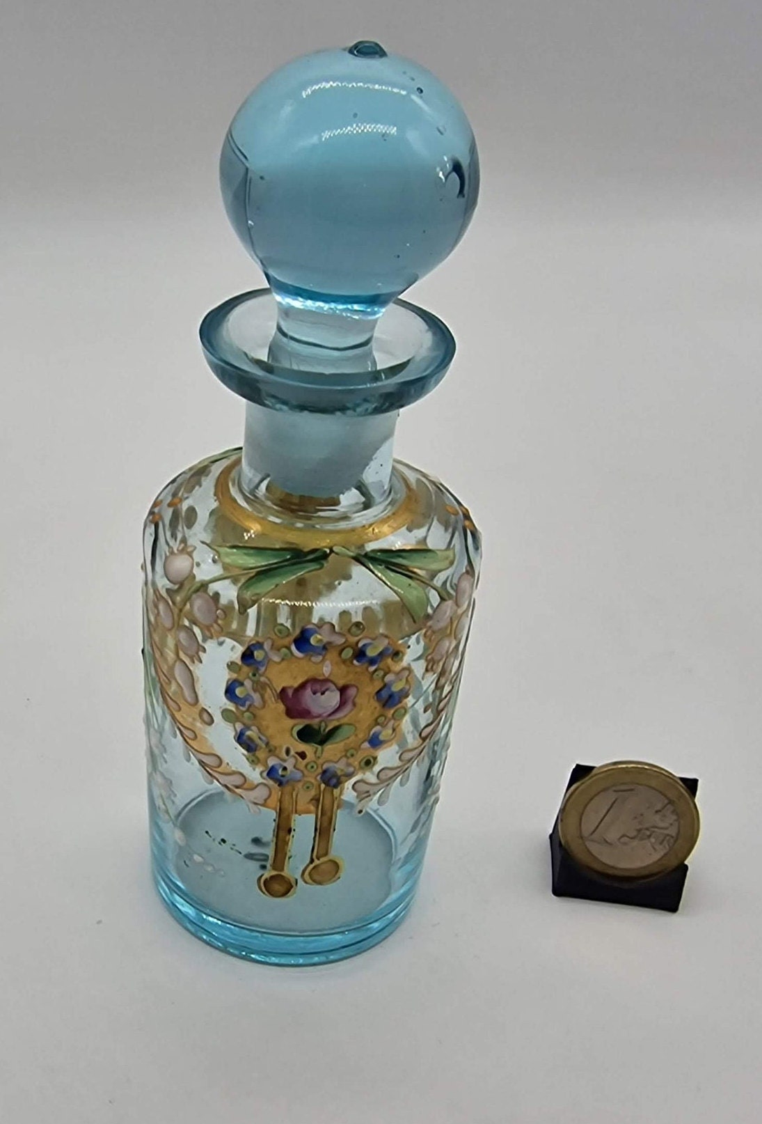 アンティーク 香水瓶 ブルーガラス エナメルと金彩 鈴蘭 1910年頃