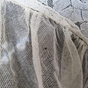 May include: Close-up of off-white, sheer fabric with a delicate, open-weave pattern. The fabric appears to be layered, with a slightly ruffled edge. The texture is fine and airy, suggesting a lightweight material, possibly lace or netting.