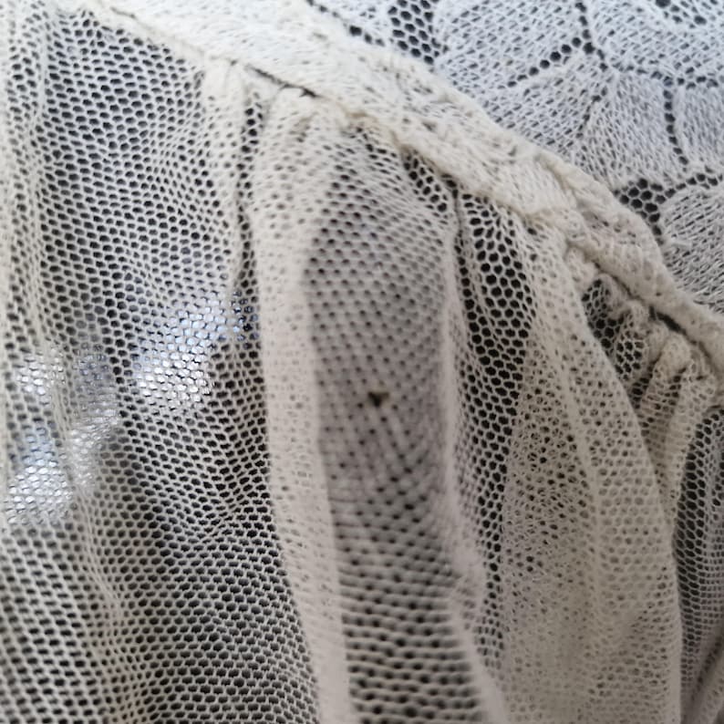 May include: Close-up of off-white, sheer fabric with a delicate, open-weave pattern. The fabric appears to be layered, with a slightly ruffled edge. The texture is fine and airy, suggesting a lightweight material, possibly lace or netting.