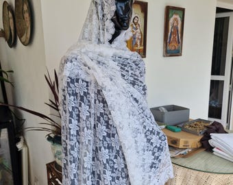 Mantille espagnole dentelle blanche vintage 220x100 cm - Voile de mariée ou église - Tradition catholique Semaine Sainte