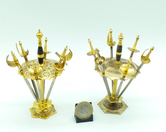 Vintage Toledo Damascene Mini Skewers Set. 6 Sword Cocktail Picks with Stand. Spanish Appetizer Forks. Historical Table Decor.