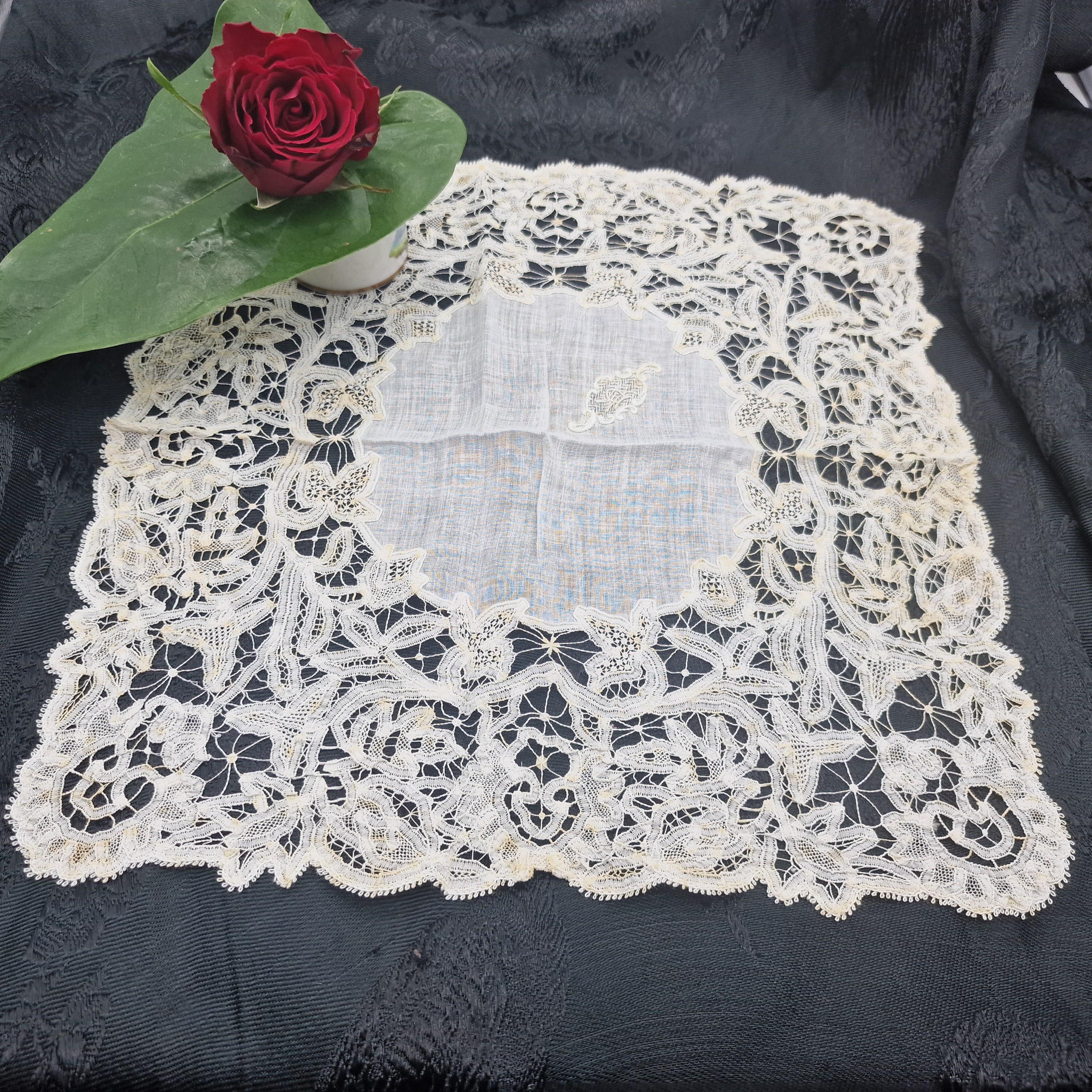 Antique 19th Century Bridal Handkerchief - Handmade Brussels Lace