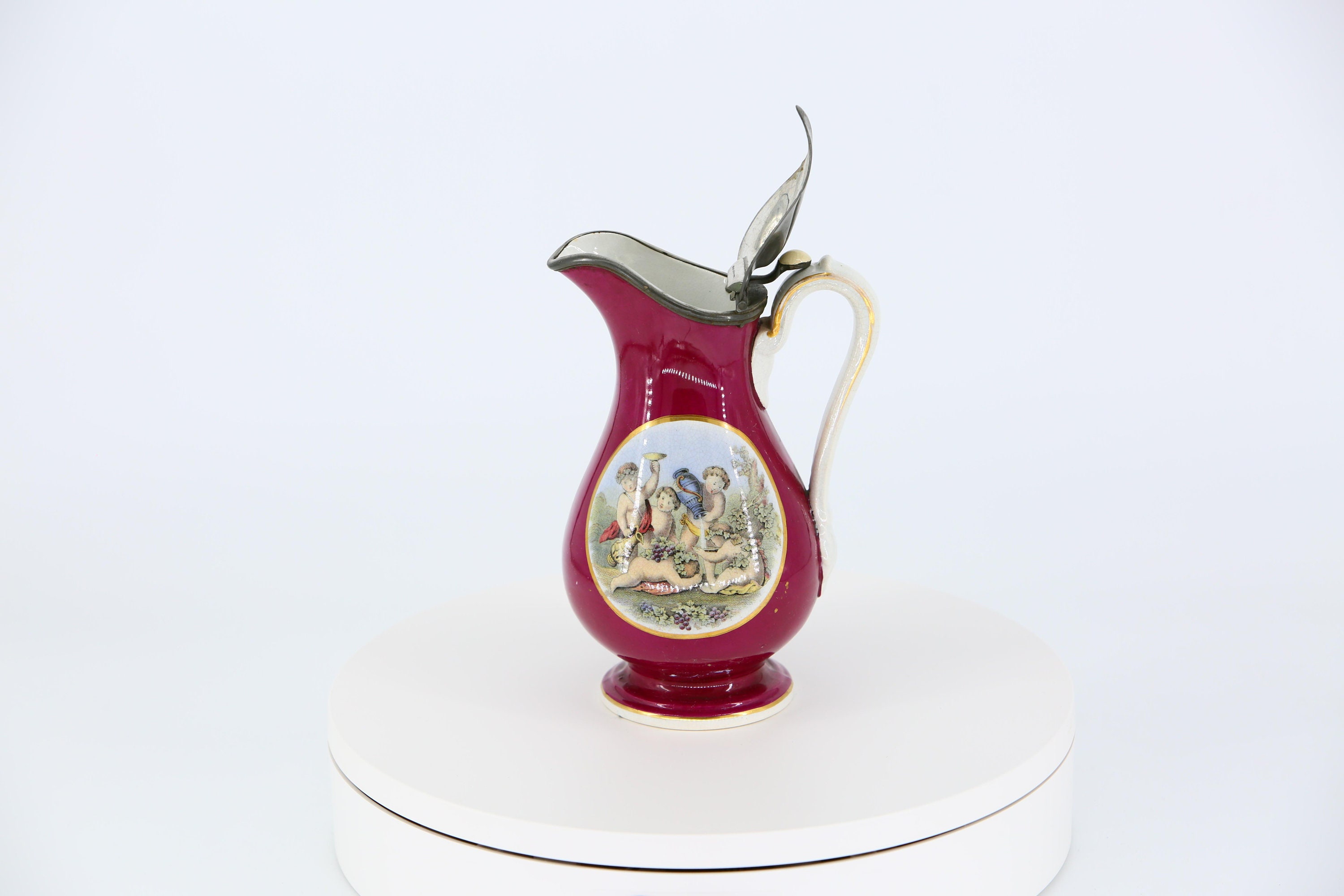 英国19世紀中期　名門James Dixon & Sons高級ピューターコッブ James Dixon & Sons Claret Jug, Victorian Red Ceramic and Pewter
