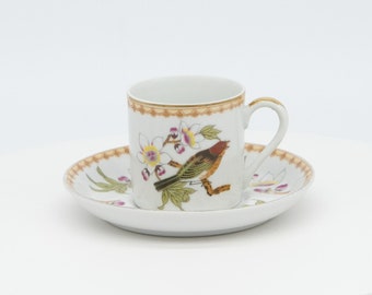 Vintage Porcelain Cup and Saucer Set, Chinese Garden Bird and Flower Tea Cup, 2 Piece Espresso Set with Gold Rim, 1980s Tableware
