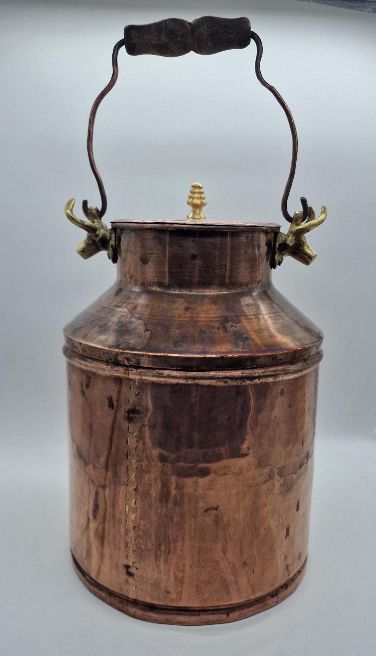 Antique Copper and Brass Milk Jug With Bull Heads, Vintage Milk