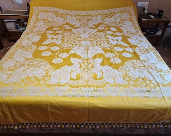 Vintage Spanish Satin Cotton Bedspread - Gold and White - 1950s