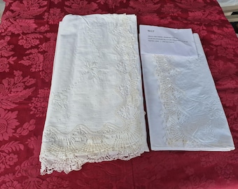 Antique French Bed Sheet and Pillowcase Set, 1910 Belle Epoque Monogrammed Bedding, Richelieu Bobbin Lace Cotton, Dowry Trousseau